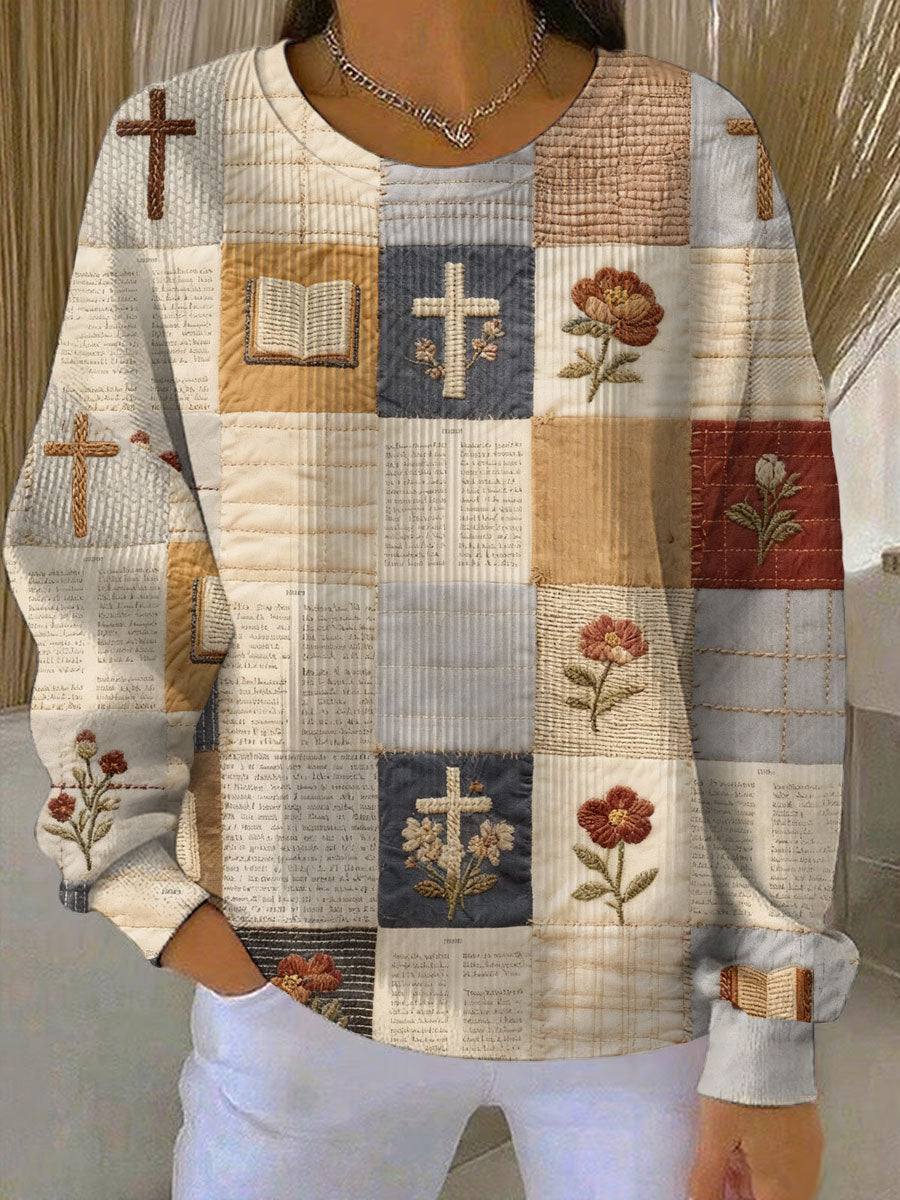 Women's Faith Patchwork Print Ribbed Round-Neck Sweatshirt