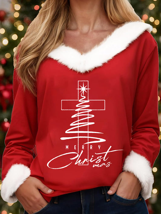 Women's Merry Christmas  Jesus Christmas Tree Cross Print Casual Fur-Collar Top