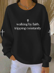 Women's Walking by Faith Tripping Constantly Cross  Ribbed Round-Neck Sweatshirt