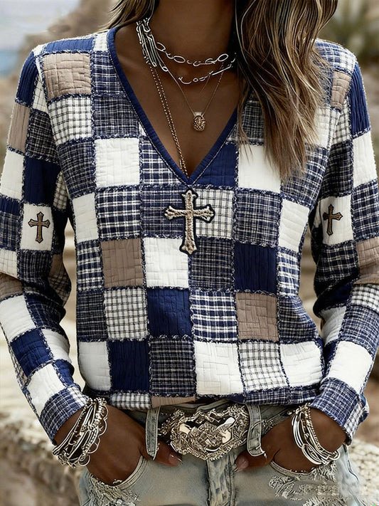 Women's Plaid Patchwork Cross V-Neck T-Shirt