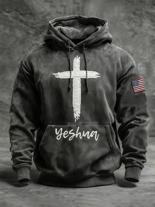 Men's Yeshua Cross Oversized Drop-Shoulder Hoodie with Pockets