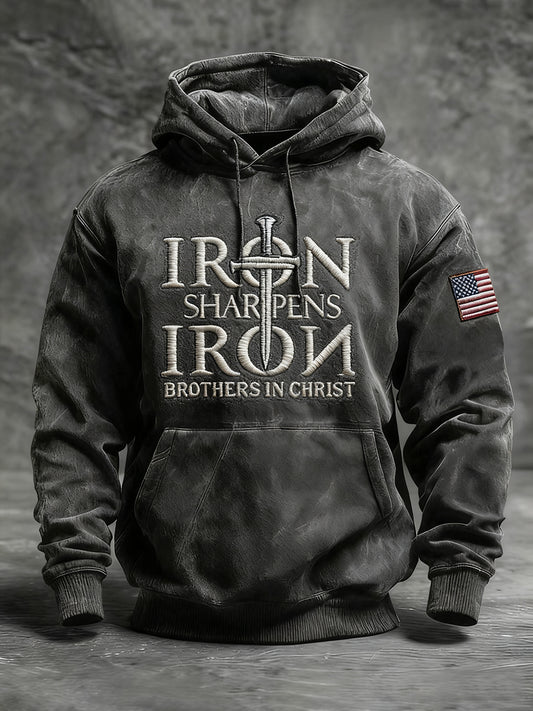 Men's IRON SHARPENS Cross Oversized Drop-Shoulder Hoodie with Pockets