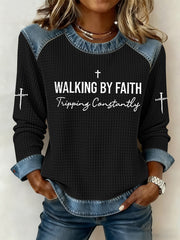 Women's Walking by Faith Tripping Constantly Cross Waffle Sweatshirt