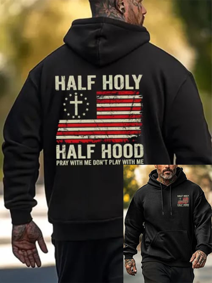 Men's Half Hood Half Holy Pray With Me Don't Play With Me Printed Hoodie