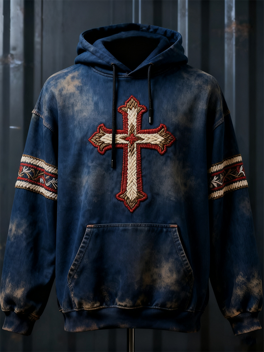 Men's Faith Retro Style Print Oversized Drop-Shoulder Hoodie with Pockets