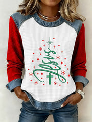 Women's Merry Christmas Jesus Cross Christmas Tree Art  Printed Casual Waffle Top