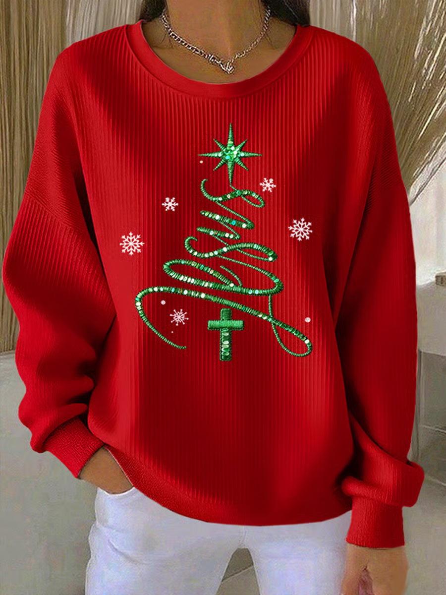Women's Jesus Chriatmas Tree Ribbed Round-Neck Sweatshirt