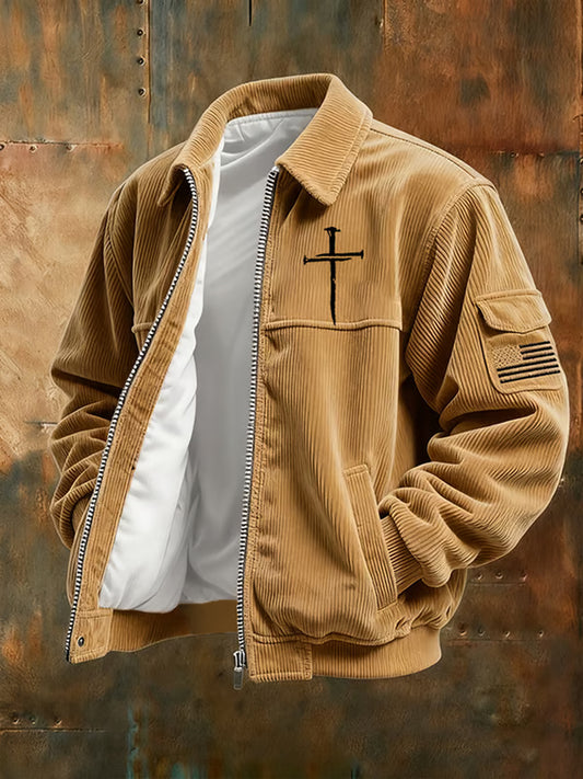 Men's Vintage Faith Cross Casual Corduroy Jacket