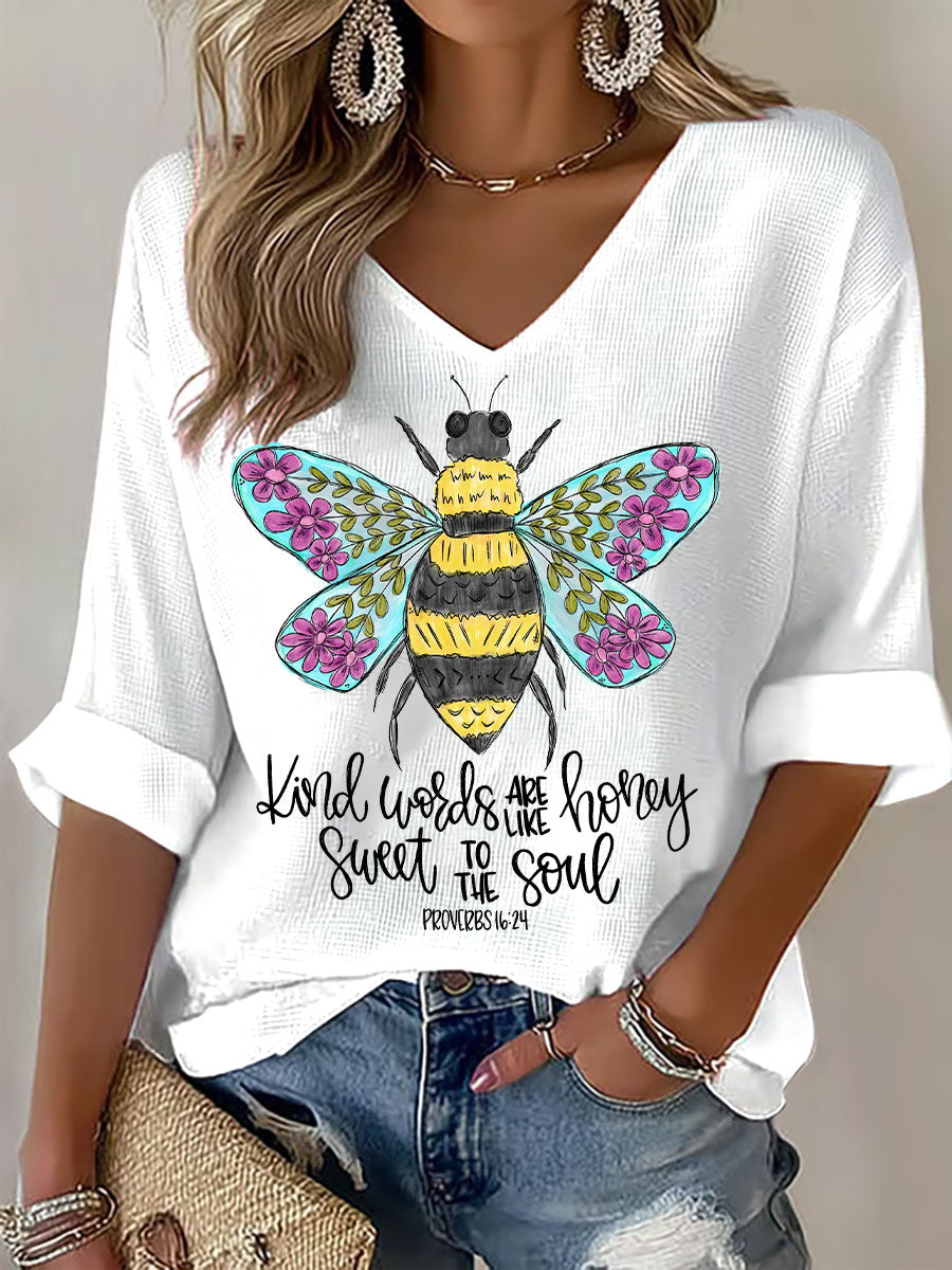 Women's Kind Words Are Like Honey Waffle Print Casual T-Shirt