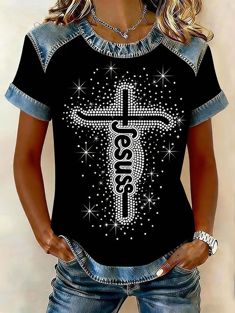 Women's Faith Art Printed Denim Patchwork Top