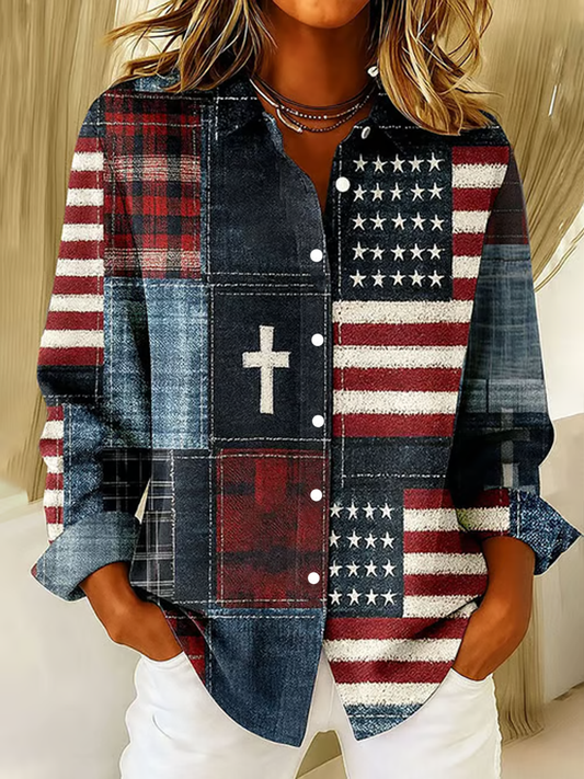 Women's Vintage Flag And Cross Print shirts