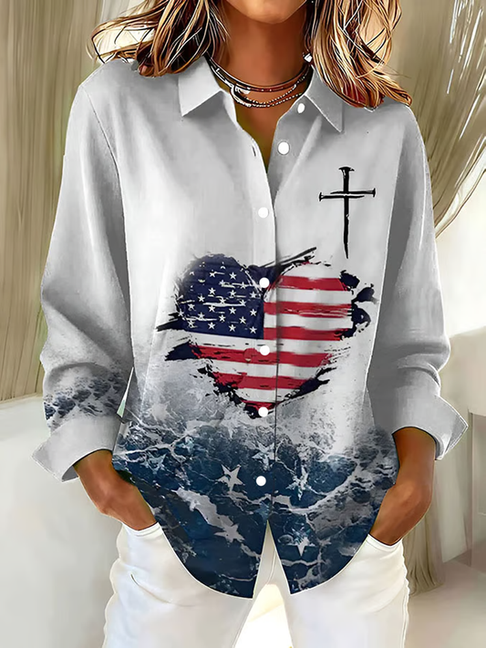 Women's Vintage Flag And Cross Print shirts