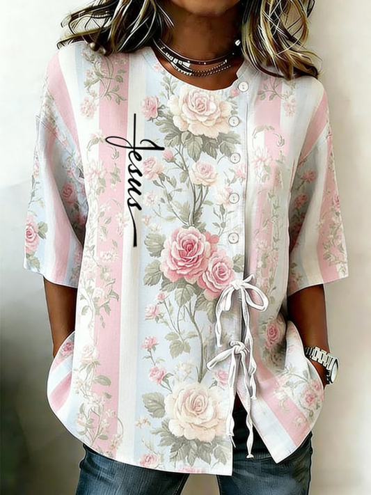 Women's Faith Flower Button Strap Cotton And Linen Shirt