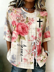 Women's Jesus Plant And Flower Buttoned And Laced Cotton And Linen Shirt