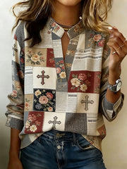 Women's Cross Floral Print Casual T-shirt