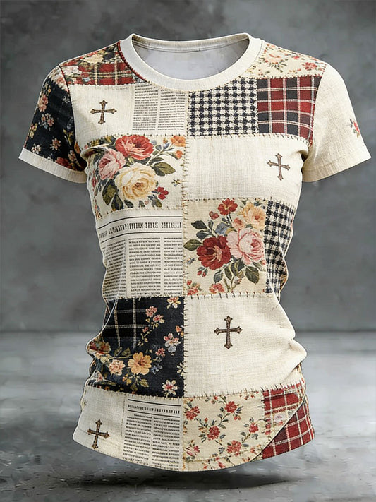 Women's Cross Floral Print Casual T-shirt