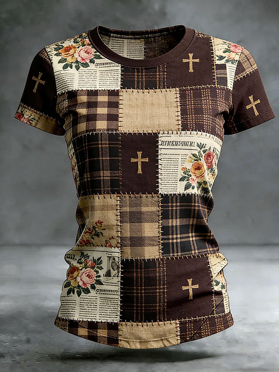 Women's Cross Floral Print Casual T-shirt