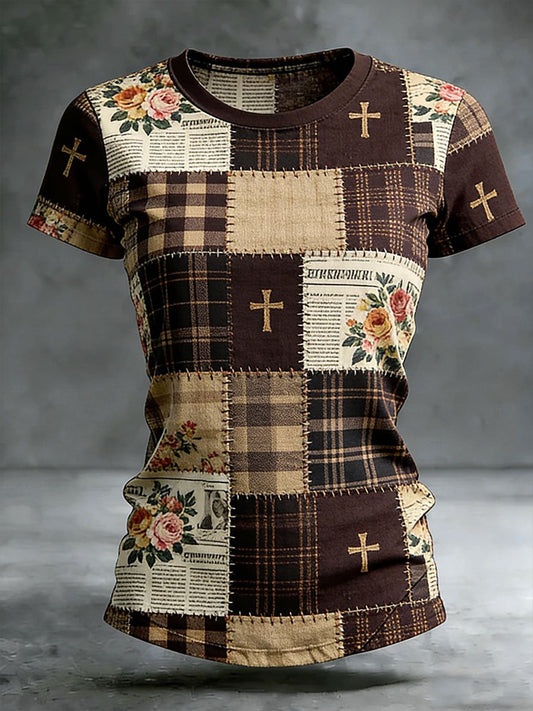 Women's Cross Floral Print Casual T-shirt