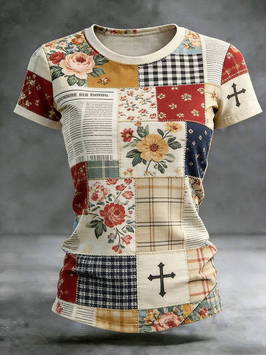 Women's Cross Floral Print Casual T-shirt