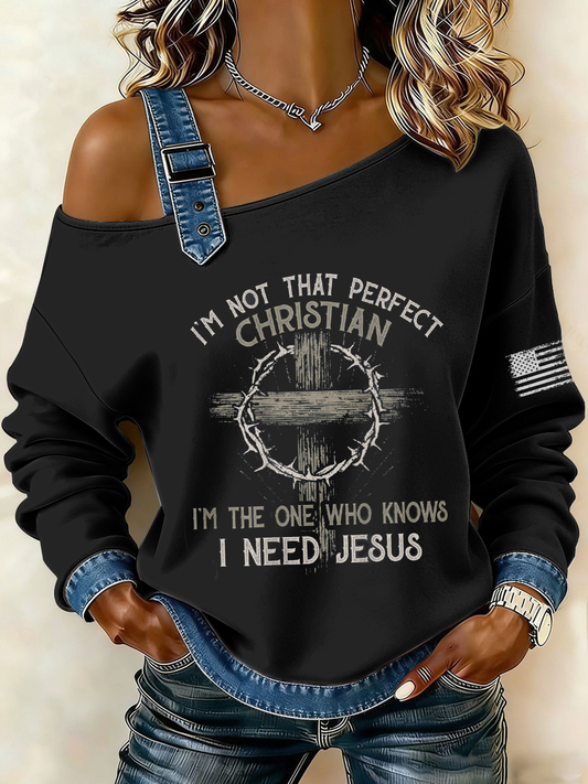 Women's I'm The One Who Knows I Need JesusPrint Casual Off-Shoulder Sweatshirt