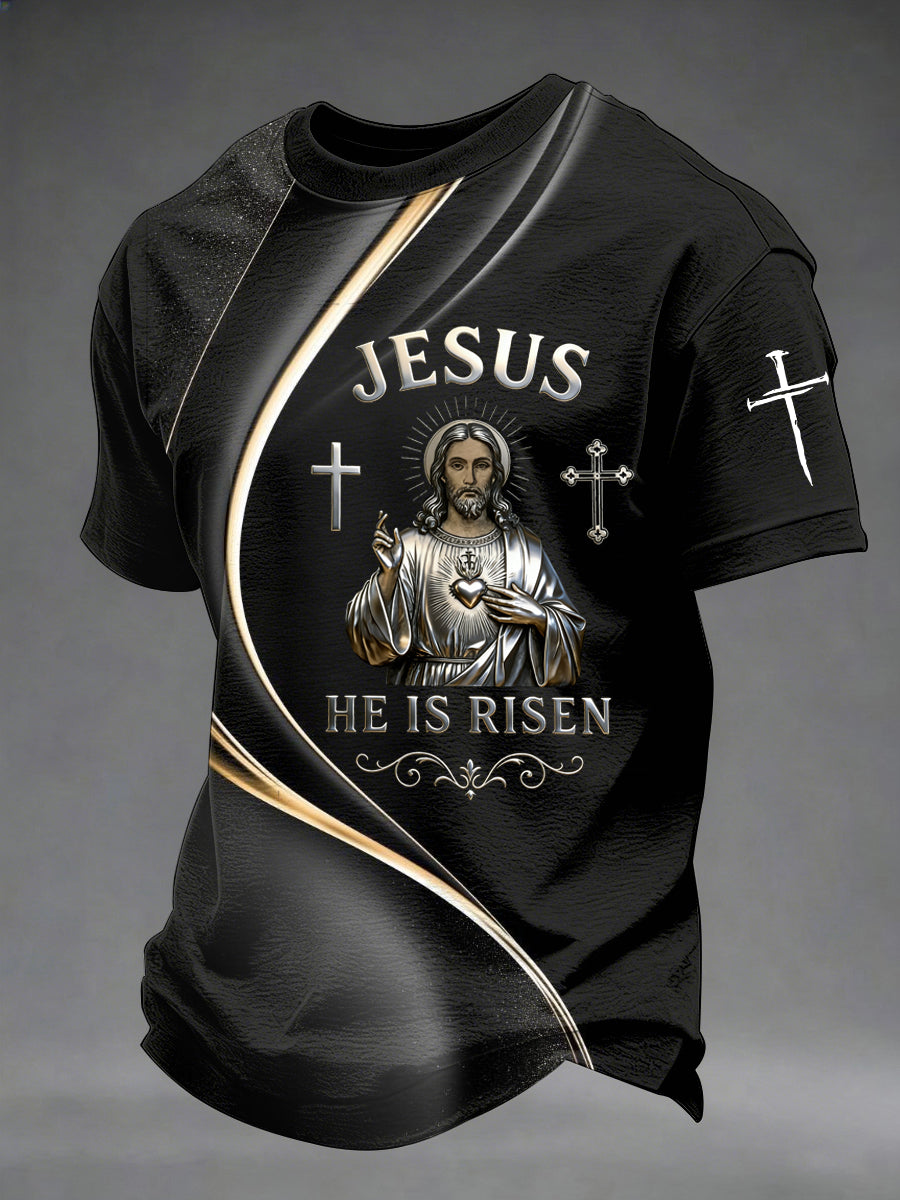 Men's Jesus He Is Risen Art Waves Print Casual Tee