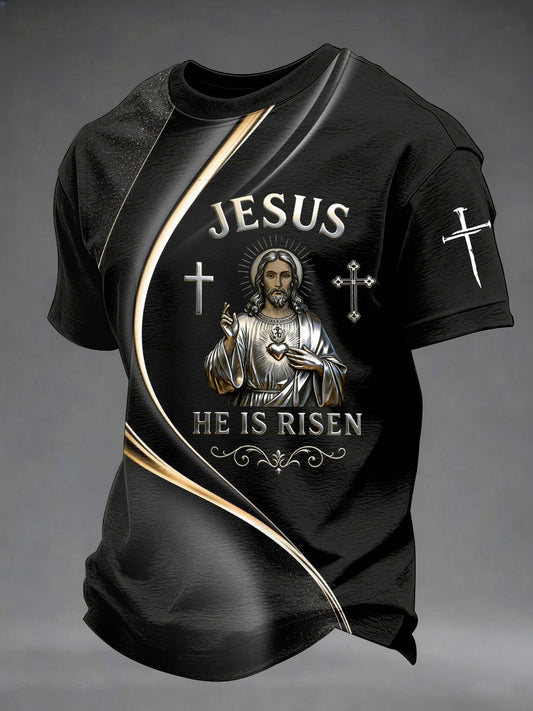 Men's Jesus He Is Risen Art Waves Print Casual Tee