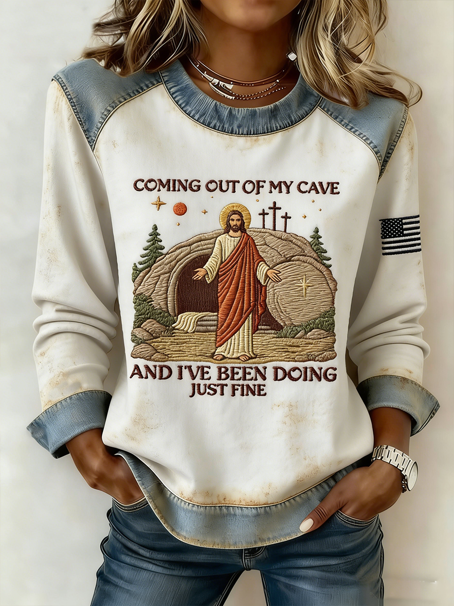 Women's Going Out Of My Cave And I've Been Doing Just Fine Denim Patchwork Top
