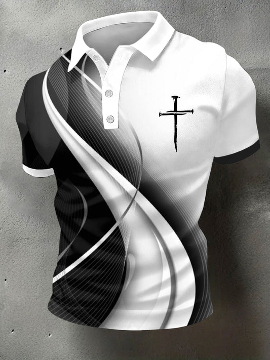 Men's Christian Cross Art Waves Print Casual Polo