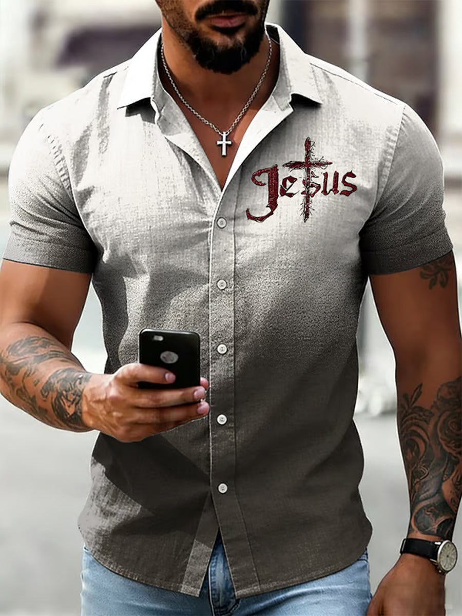 Men's Christian Jesus Cross Printed Casual Cotton Linen Short Sleeve Shirt