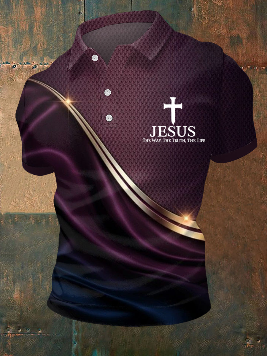 Men's Jesus The Way The Truth The Life Art Waves Print Casual Polo