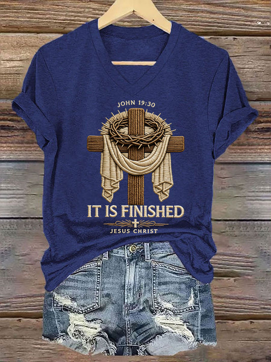 Women's  He Is Risen It’s Finished Easter Jesus Christian Cross Print Casual V-Neck Tee