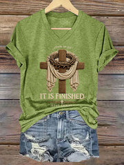Women's  He Is Risen It’s Finished Easter Jesus Christian Cross Print Casual V-Neck Tee