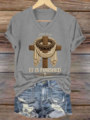 Women's  He Is Risen It’s Finished Easter Jesus Christian Cross Print Casual V-Neck Tee