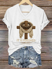 Women's  He Is Risen It’s Finished Easter Jesus Christian Cross Print Casual V-Neck Tee