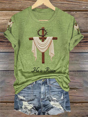 Women's He Is Risen Jesus Christian Cross Print V-Neck Tee