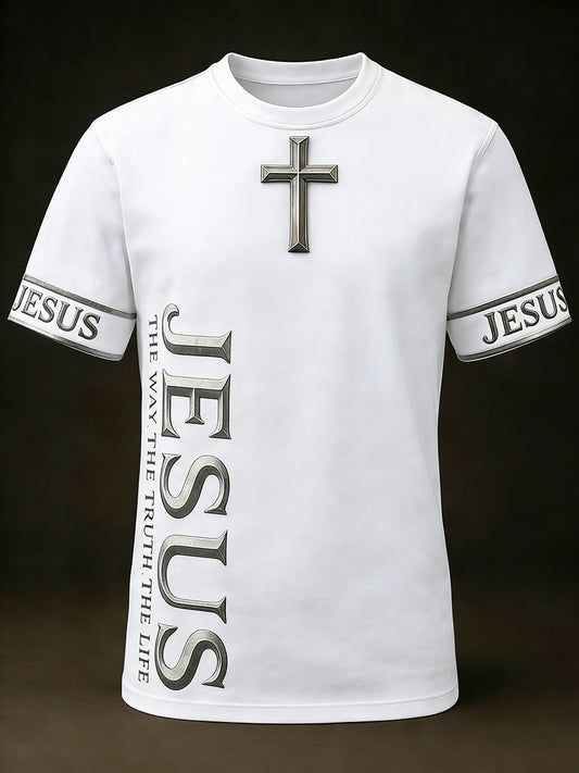 Men's Christian Jesus The Way The Truth The Life Cross Print Casual Short Sleeve  T-shirt