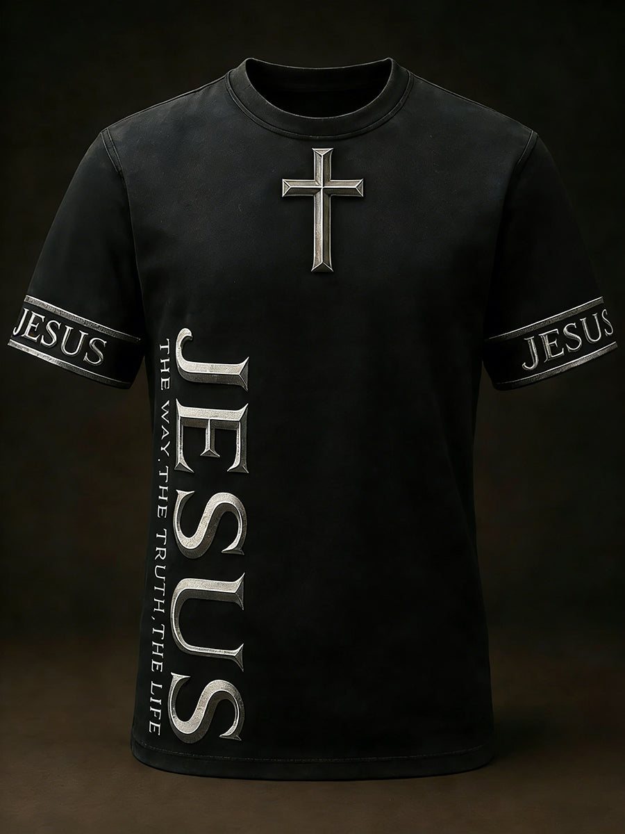 Men's Christian Jesus The Way The Truth The Life Cross Print Casual Short Sleeve  T-shirt