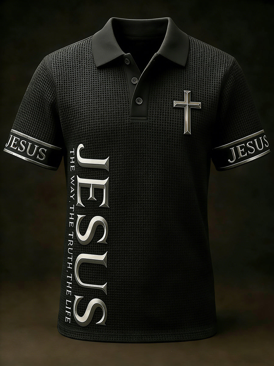 Men's Christian Jesus The Way The Truth The Life Cross Print Casual waffle Short Sleeve Top