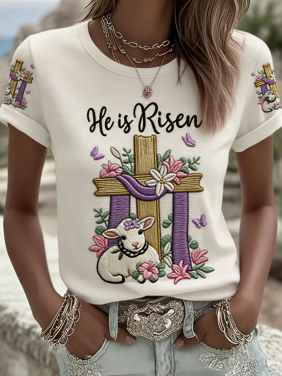 Women's He Is Risen Jesus Christian Cross Lamb Print Tee