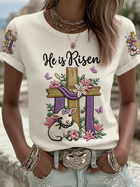Women's He Is Risen Jesus Christian Cross Lamb Print Tee