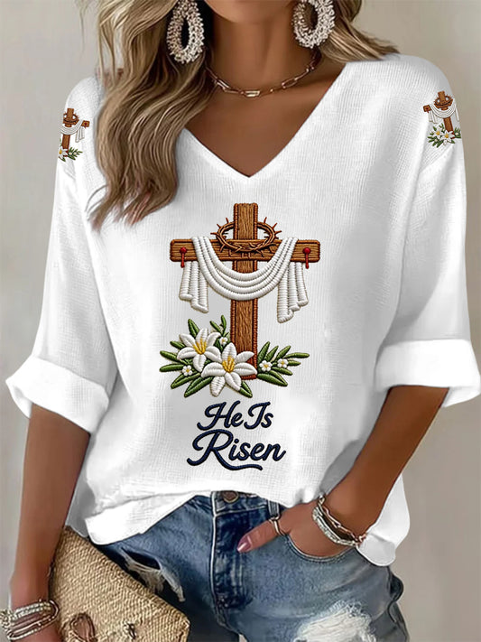 Women's He Is Risen Jesus Christian Cross Print Waffle V-Neck Top