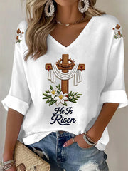 Women's He Is Risen Jesus Christian Cross Print Waffle V-Neck Top