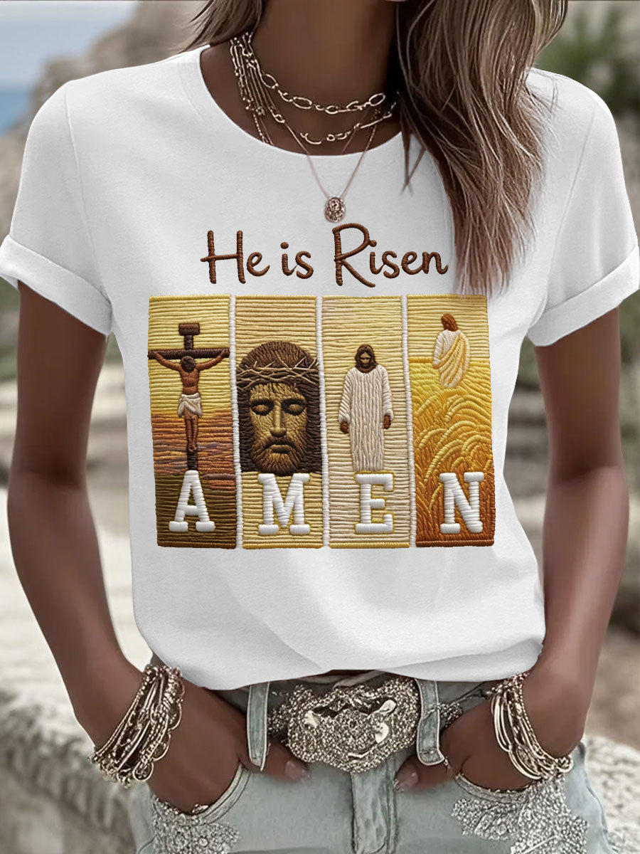 Women's He Is Risen Jesus Christian Cross Print Tee