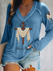 Women's He Is Risen Jesus Christian Cross Print Casual V-Neck Long-Sleeve T-Shirt