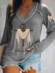 Women's He Is Risen Jesus Christian Cross Print Casual V-Neck Long-Sleeve T-Shirt