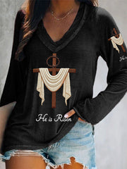 Women's He Is Risen Jesus Christian Cross Print Casual V-Neck Long-Sleeve T-Shirt