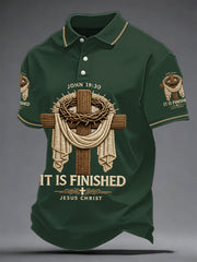 Men's He Is Risen It’s Finished Jesus Christian Cross Print Casual Polo
