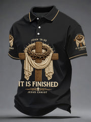 Men's He Is Risen It’s Finished Jesus Christian Cross Print Casual Polo