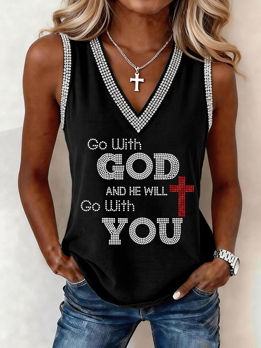 Women's Go With God And He Will Go With You Rhinestone Pattern V-Neck Tank Top