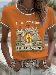 Women's He Is Not Here He Has Risen! Jesus Christian Cross Print Casual Tee